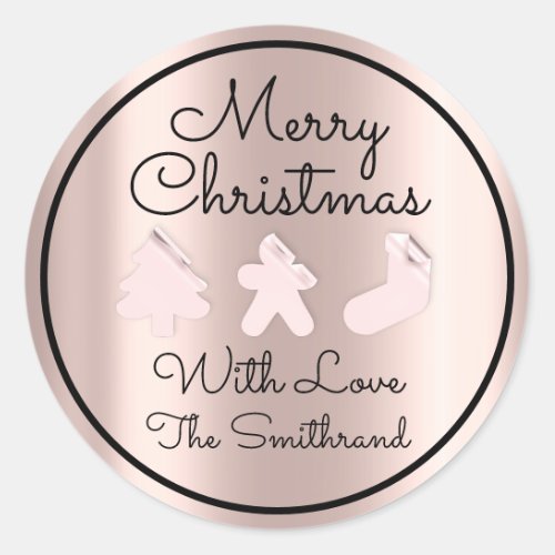 Merry Christmas Tree Name Rose White Framed Classic Round Sticker