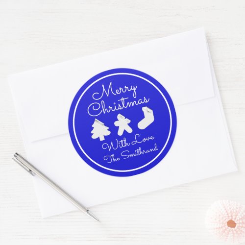 Merry Christmas Tree Name royal blue White Framed Classic Round Sticker