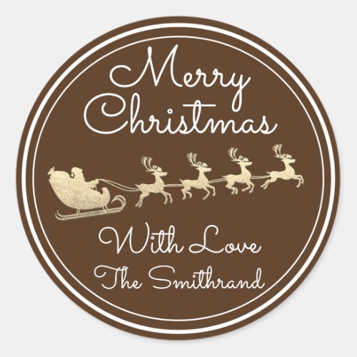 Merry Christmas Tree Name Santa Sleigh Deer Frame  Classic Round Sticker