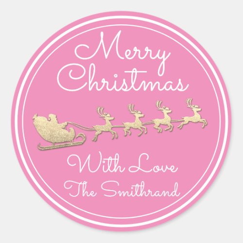 Merry Christmas Tree Name Santa Sleigh Deer Pink Classic Round Sticker