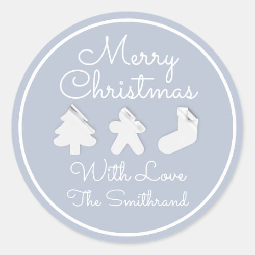 Merry Christmas Tree Name Smoky Blue White Framed Classic Round Sticker