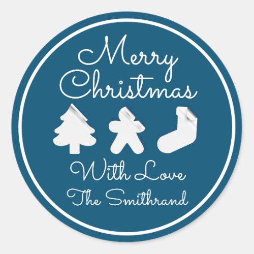 Merry Christmas Tree Name Teal Blue Framed  Classic Round Sticker