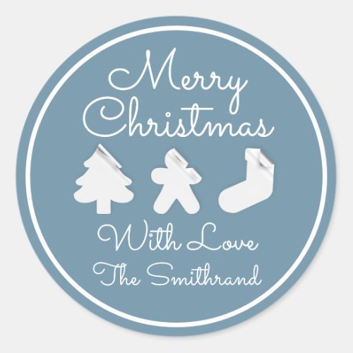 Merry Christmas Tree Name white Blue Framed Classic Round Sticker