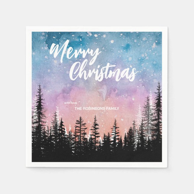 Merry Christmas tree Night gradient script forest  Napkins (Front)
