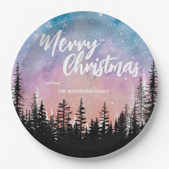 Merry Christmas tree Night gradient script forest  Paper Plates (Front)