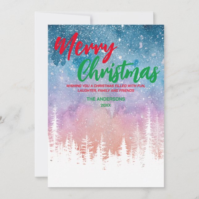 Merry Christmas tree Night red green script forest Holiday Card (Front)