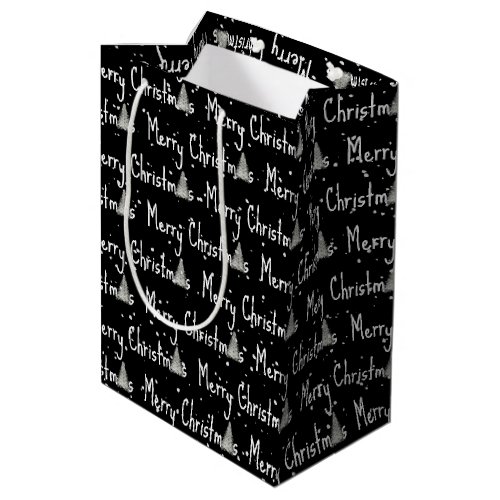 Merry Christmas Tree On Black Medium Gift Bag