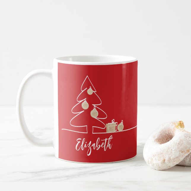 Merry Christmas Tree on Red Coffee Mug (With Donut)