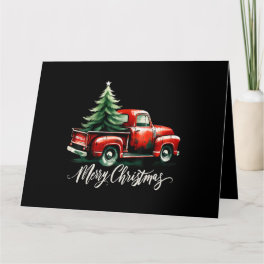 Merry Christmas Tree On Red Truck Vintage Family M Card