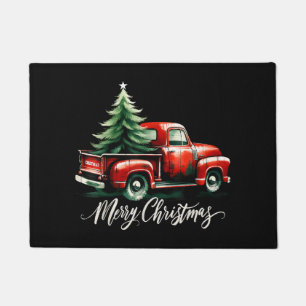 Merry Christmas Tree On Red Truck Vintage Family M Doormat