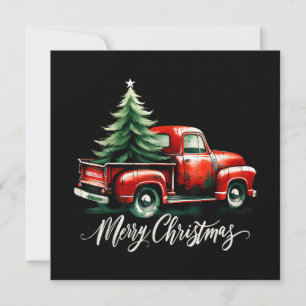 Merry Christmas Tree On Red Truck Vintage Family M Invitation
