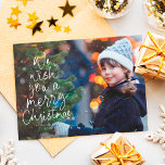 Merry Christmas tree one photo cute type red Holiday Card<br><div class="desc">We wish you a Merry Christmas! This holiday photo card features a classic message in a fun Christmas tree shape on a horizontal photo. This sweet card design a great way to send Christmas cheer to friends and family. The playful type treatment is shaped like a Christmas tree and is...</div>
