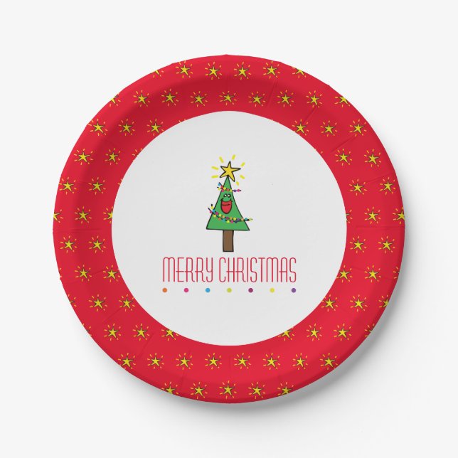 Merry Christmas Tree Ornaments Lights Paper Plates (Front)