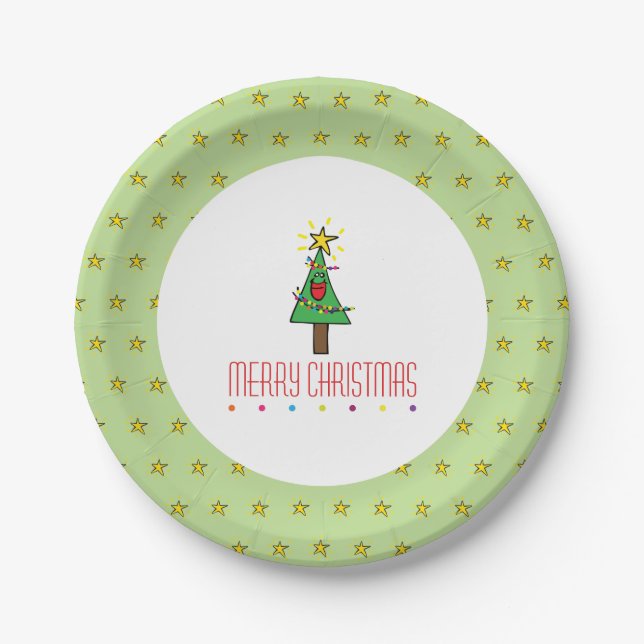 Merry Christmas Tree Ornaments String of Lights Paper Plates (Front)