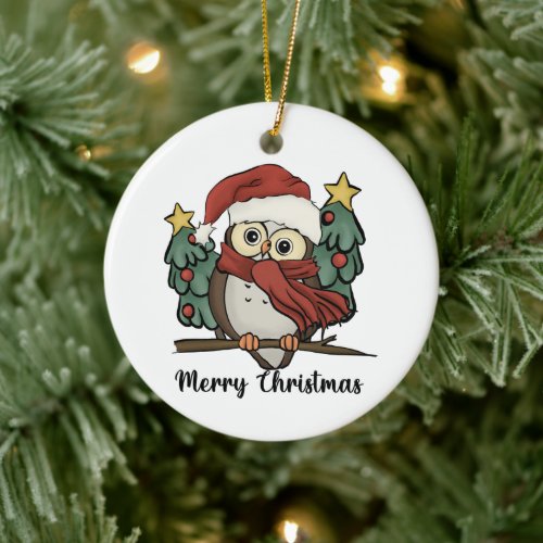 Merry Christmas Tree Owl Santa Hat Retro Ceramic Ornament