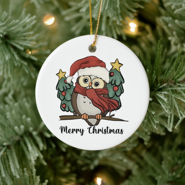 Merry Christmas Tree Owl Santa Hat Retro Ceramic Ornament (Tree)