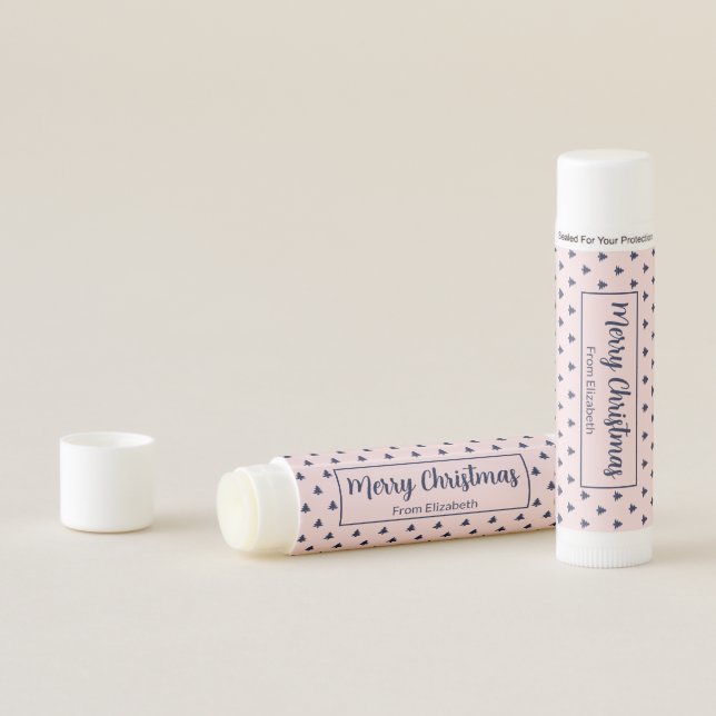 Merry Christmas Tree Pale Pink & Navy Blue Pattern Lip Balm (In Situ)