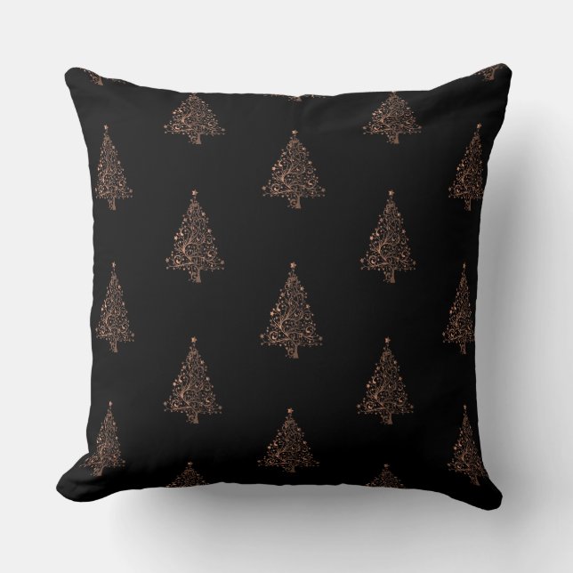 Merry Christmas Tree Pattern Black Brown Copper Throw Pillow (Front)