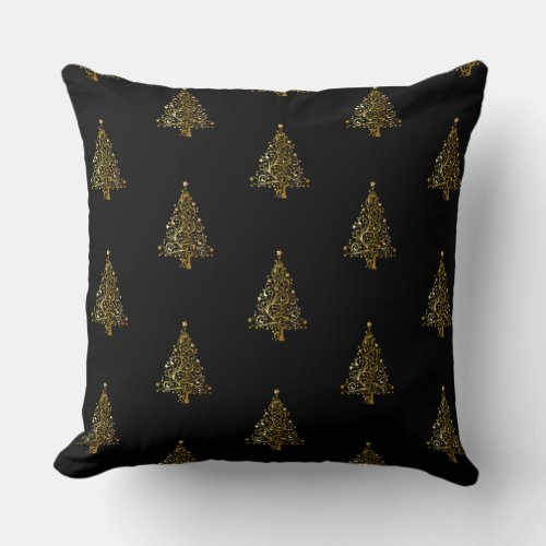 Merry Christmas Tree Pattern Black Gold Elegant Throw Pillow