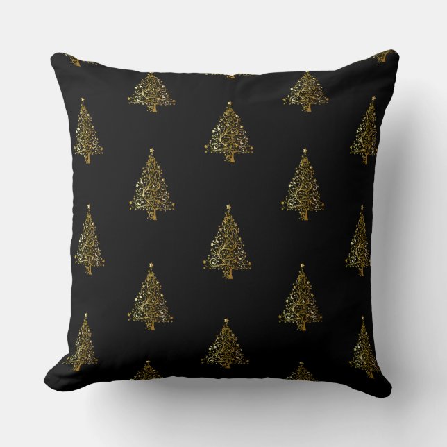 Merry Christmas Tree Pattern Black Gold Elegant Throw Pillow (Front)