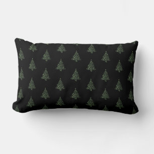 Merry Christmas Tree Pattern Black Metallic Green Lumbar Pillow