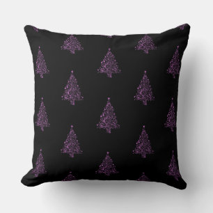 Merry Christmas Tree Pattern Black Metallic Pink Throw Pillow