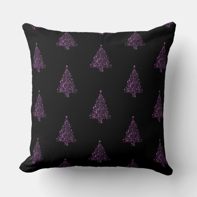 Merry Christmas Tree Pattern Black Metallic Pink Throw Pillow (Front)