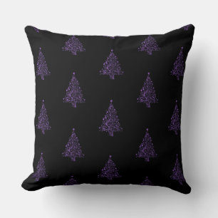 Merry Christmas Tree Pattern Black Purple Elegant Throw Pillow