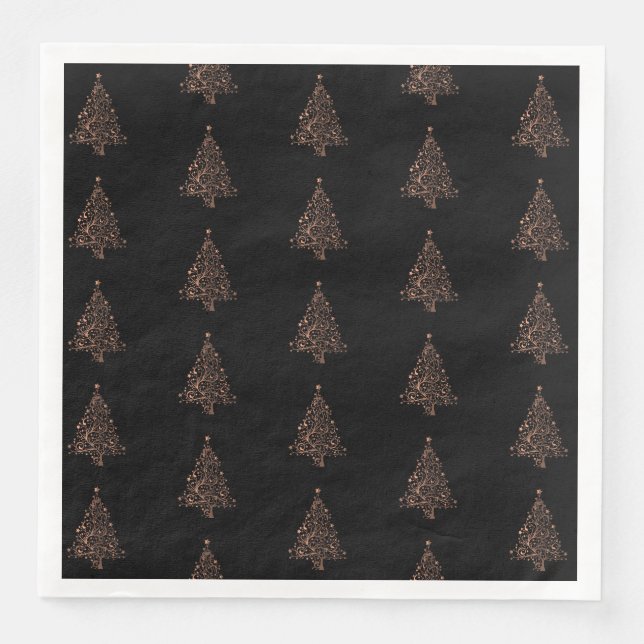 Merry Christmas Tree Pattern Copper Black Elegant Paper Dinner Napkins (Front)