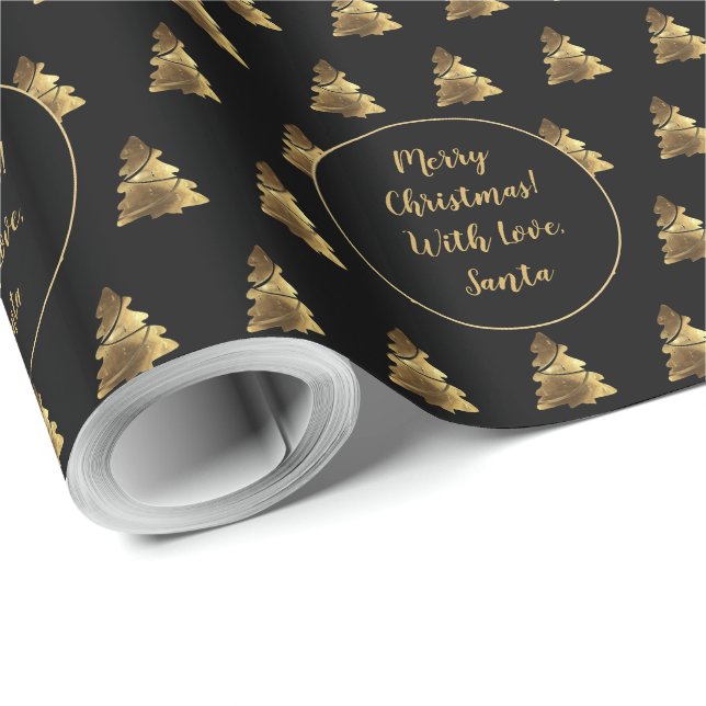 Merry Christmas Tree Pattern Elegant Black Gold Wrapping Paper (Roll Corner)