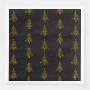 Merry Christmas Tree Pattern Gold Black Elegant Paper Dinner Napkins
