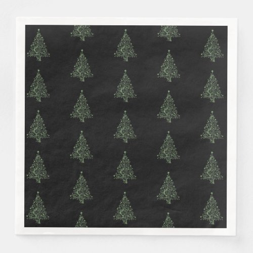 Merry Christmas Tree Pattern Green Black Elegant Paper Dinner Napkins