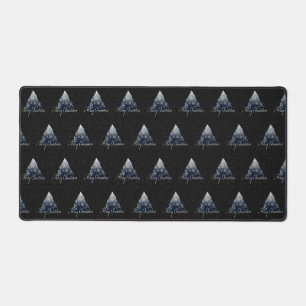 Merry Christmas Tree Pattern Holiday Blue Desk Mat