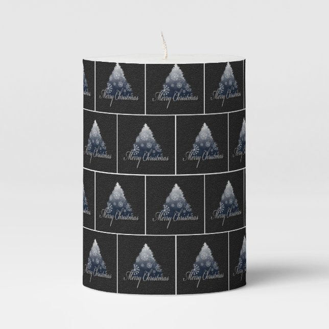 Merry Christmas Tree Pattern Holiday Blue Pillar Candle (Front)