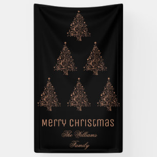 Merry Christmas Tree Pattern Metallic Brown Copper Banner