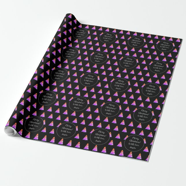 Merry Christmas Tree Pattern Modern Black and Pink Wrapping Paper (Unrolled)