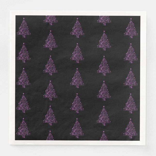 Merry Christmas Tree Pattern Pink Black Elegant Paper Dinner Napkins (Front)