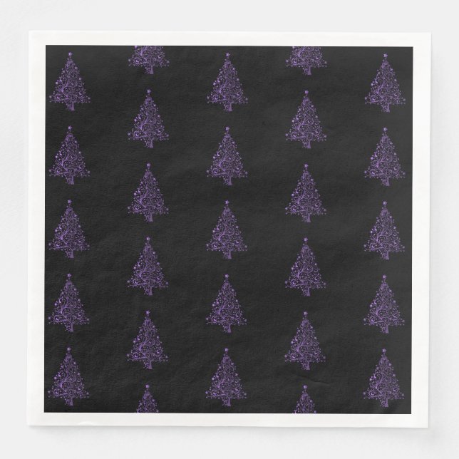 Merry Christmas Tree Pattern Purple Black Elegant Paper Dinner Napkins (Front)