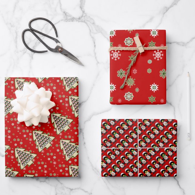 Merry Christmas Tree Penguins & Snowflakes Wrapping Paper Sheets (Front)