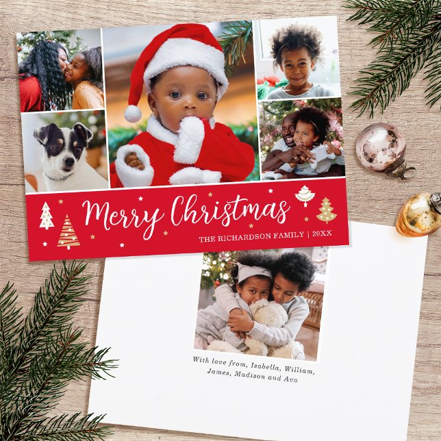 Merry Christmas Tree Photo Collage Red Flat Holiday Card (Creator Uploaded)