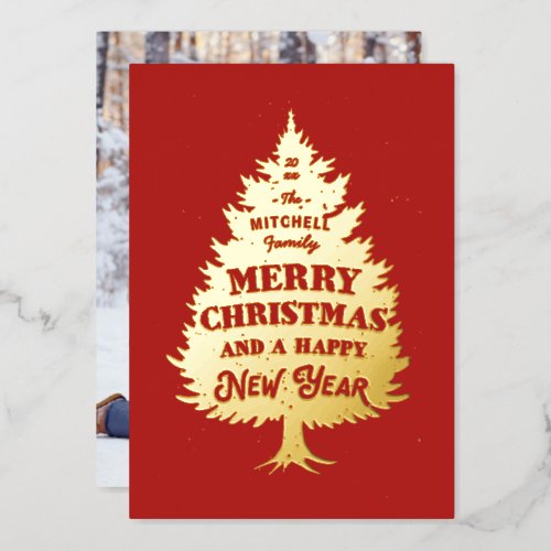 Merry Christmas Tree Photo Red Gold Foil Holiday Card