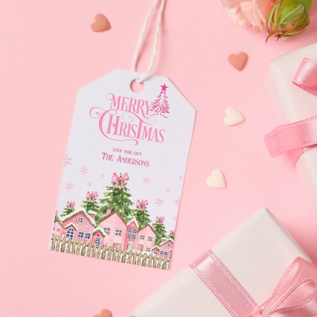 Merry Christmas Tree Pink Bow Holiday Gift Tag (Creator Uploaded)