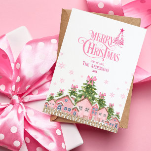 Merry Christmas Tree Pink Bow Pinkmas Holiday Card