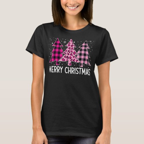 Merry Christmas Tree Pink Buffalo Plaid And Leopar T_Shirt