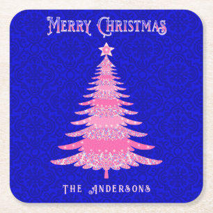 Merry Christmas Tree Pink Personalized Snowflakes Square Paper Coaster