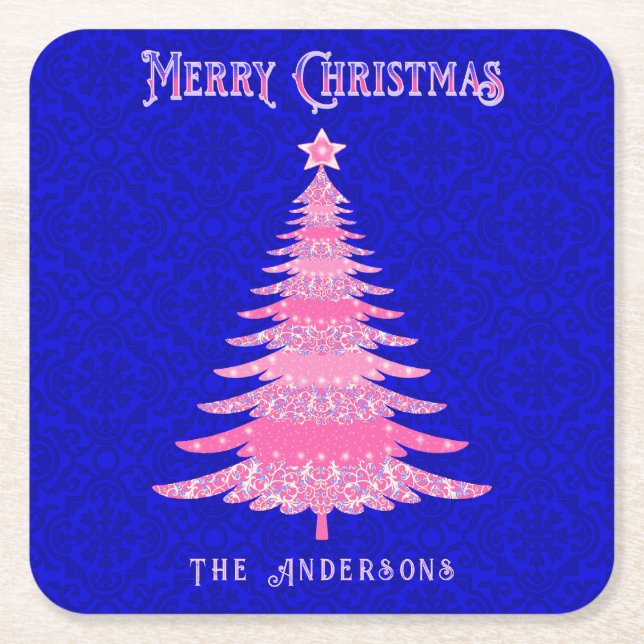 Merry Christmas Tree Pink Personalized Snowflakes Square Paper Coaster (Front)
