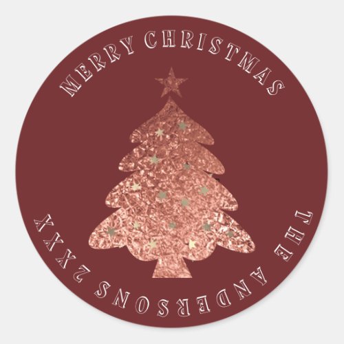 Merry Christmas Tree Pink Rose Gold Burgund Maroon Classic Round Sticker