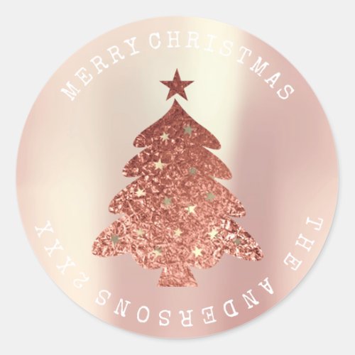 Merry Christmas Tree Pink Rose Gold Pearly Pastel Classic Round Sticker