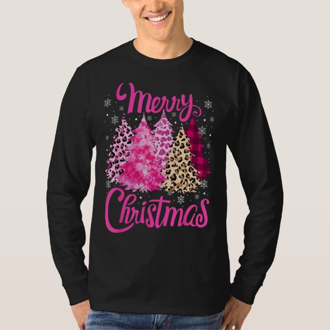 Merry Christmas Tree Pink  Xmas Leopard Matching F T-Shirt (Front)