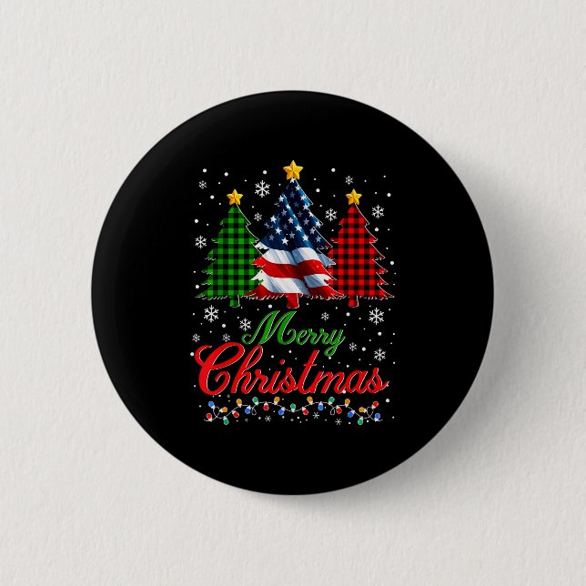 Merry Christmas Tree Plaid Us Flag Snowflake Xmas  Button (Front)